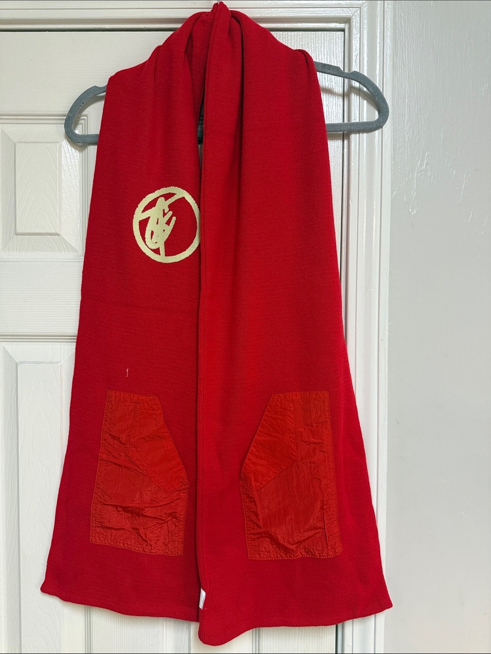 Tote&Carry Red Scarf with Gold Logo and Patch Pockets